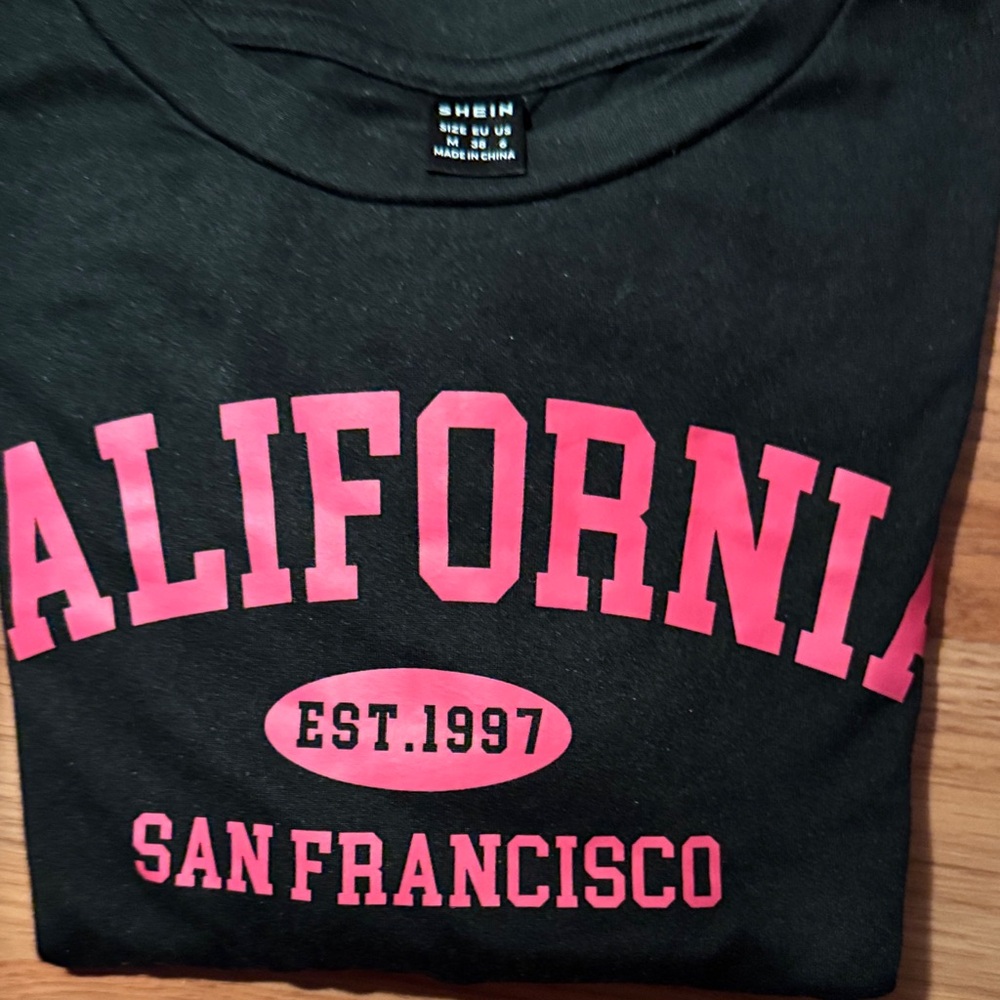 SHEIN Black T-Shirt with Pink California Graphic
